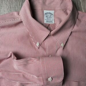 Brooks Brothers Shirt Regent Mens 17 1/2-34 Red Striped Button Down Long Sleeve